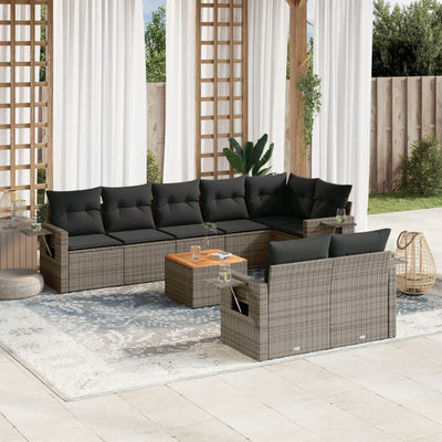 9 Piece Garden Sofa Set with Cushions Grey Poly Rattan