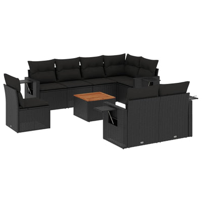 9 Piece Garden Sofa Set with Cushions Black Poly Rattan