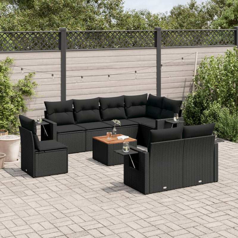 9 Piece Garden Sofa Set with Cushions Black Poly Rattan