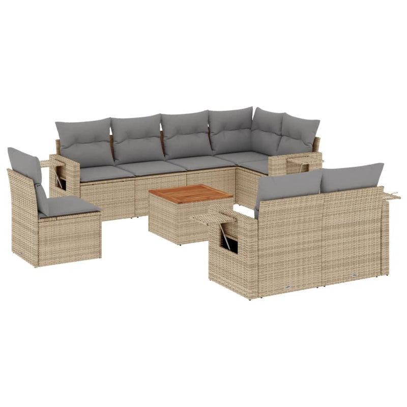 9 Piece Garden Sofa Set with Cushions Beige Poly Rattan