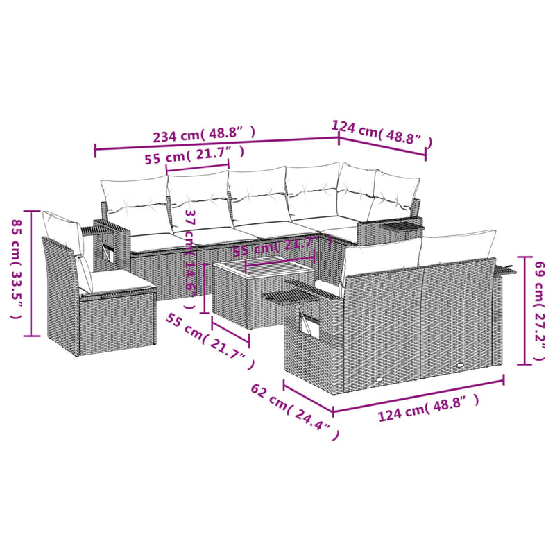 9 Piece Garden Sofa Set with Cushions Grey Poly Rattan