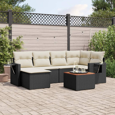 7 Piece Garden Sofa Set with Cushions Black Poly Rattan