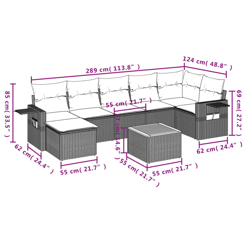 8 Piece Garden Sofa Set with Cushions Grey Poly Rattan