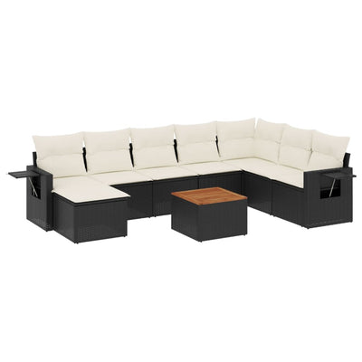 9 Piece Garden Sofa Set with Cushions Black Poly Rattan