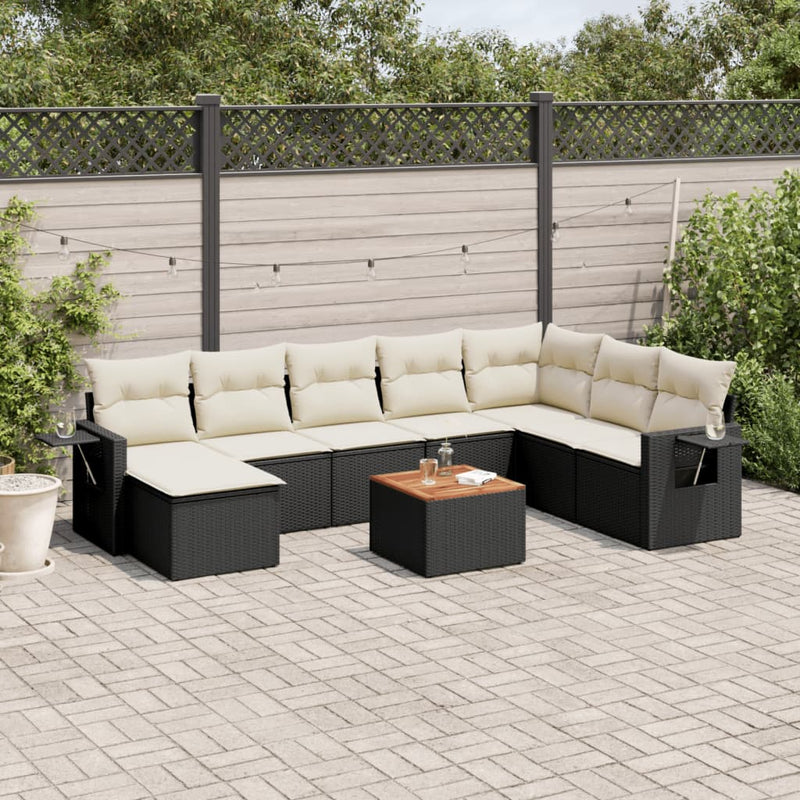 9 Piece Garden Sofa Set with Cushions Black Poly Rattan