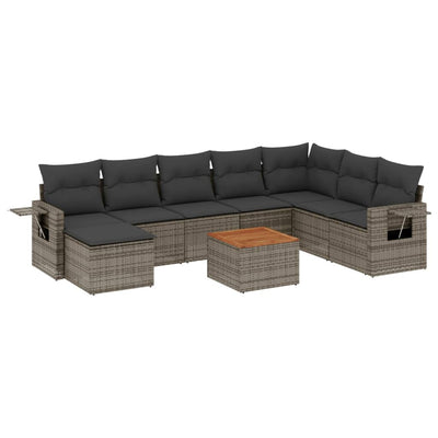 9 Piece Garden Sofa Set with Cushions Grey Poly Rattan