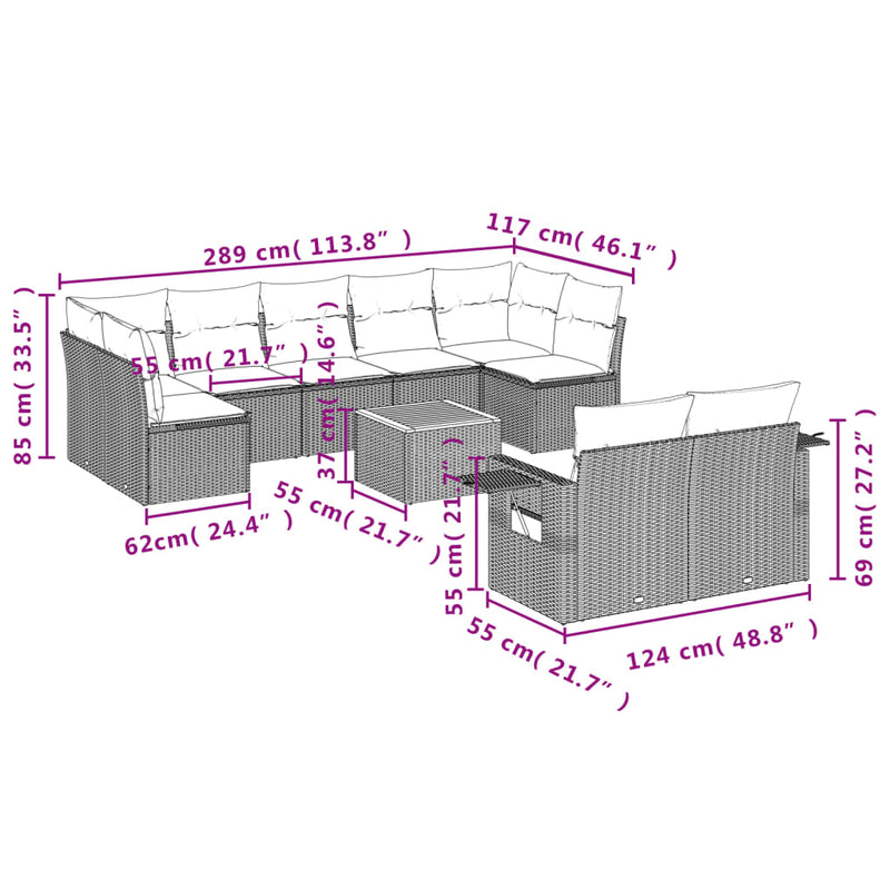 10 Piece Garden Sofa Set with Cushions Beige Poly Rattan