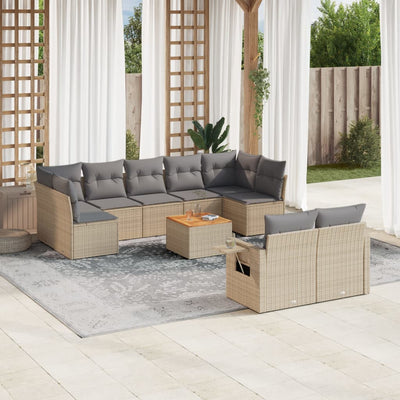 10 Piece Garden Sofa Set with Cushions Beige Poly Rattan