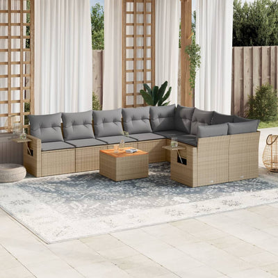 10 Piece Garden Sofa Set with Cushions Beige Poly Rattan