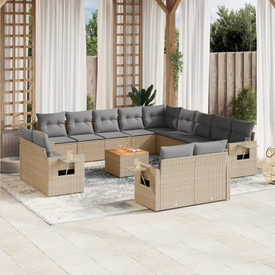 14 Piece Garden Sofa Set with Cushions Beige Poly Rattan