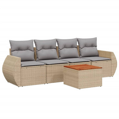 5 Piece Garden Sofa Set with Cushions Beige Poly Rattan