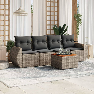 5 Piece Garden Sofa Set with Cushions Grey Poly Rattan