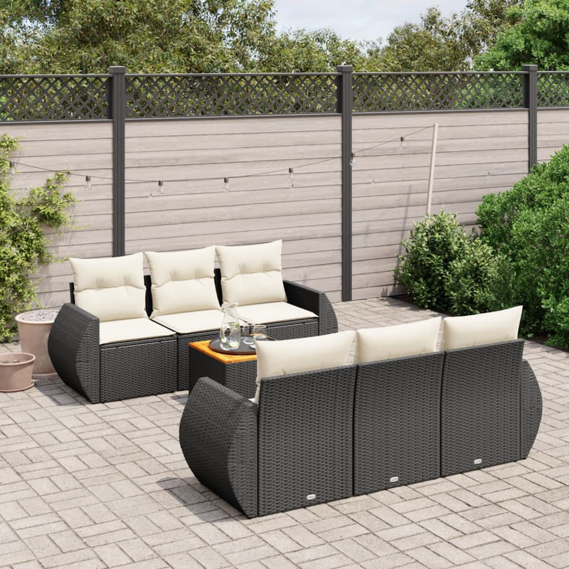 7 Piece Garden Sofa Set with Cushions Black Poly Rattan