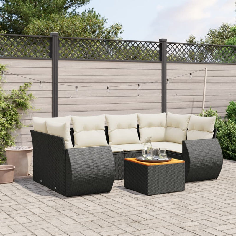 7 Piece Garden Sofa Set with Cushions Black Poly Rattan