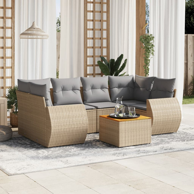 7 Piece Garden Sofa Set with Cushions Beige Poly Rattan