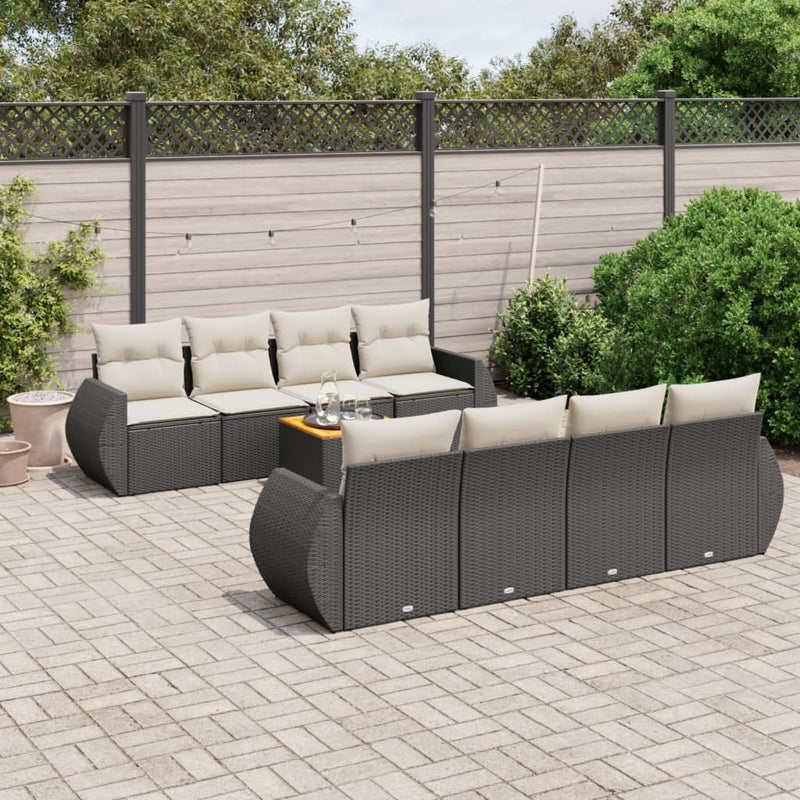 9 Piece Garden Sofa Set with Cushions Black Poly Rattan