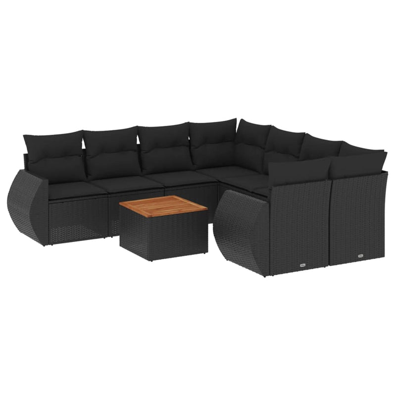 9 Piece Garden Sofa Set with Cushions Black Poly Rattan