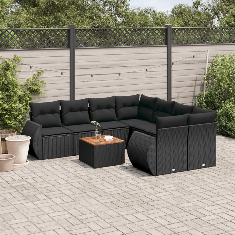 9 Piece Garden Sofa Set with Cushions Black Poly Rattan