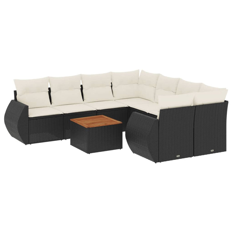 9 Piece Garden Sofa Set with Cushions Black Poly Rattan