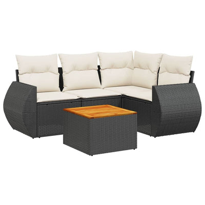 5 Piece Garden Sofa Set with Cushions Black Poly Rattan