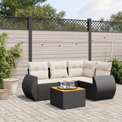 5 Piece Garden Sofa Set with Cushions Black Poly Rattan