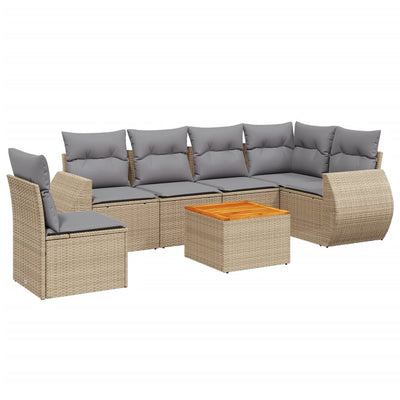 7 Piece Garden Sofa Set with Cushions Beige Poly Rattan