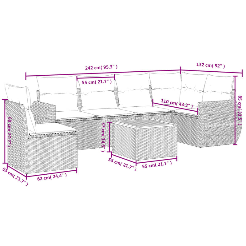 7 Piece Garden Sofa Set with Cushions Grey Poly Rattan