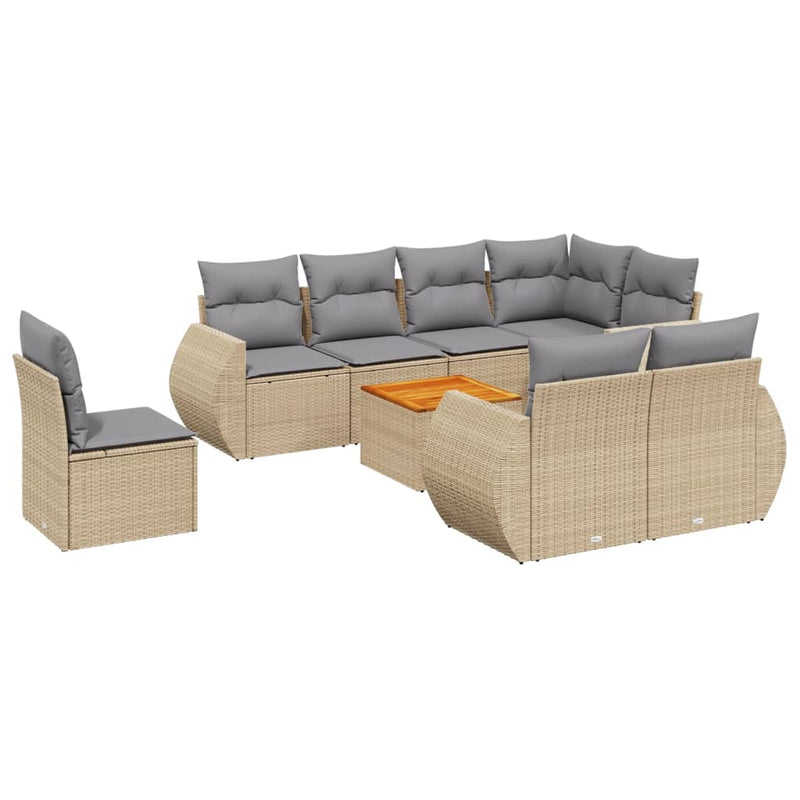 9 Piece Garden Sofa Set with Cushions Beige Poly Rattan