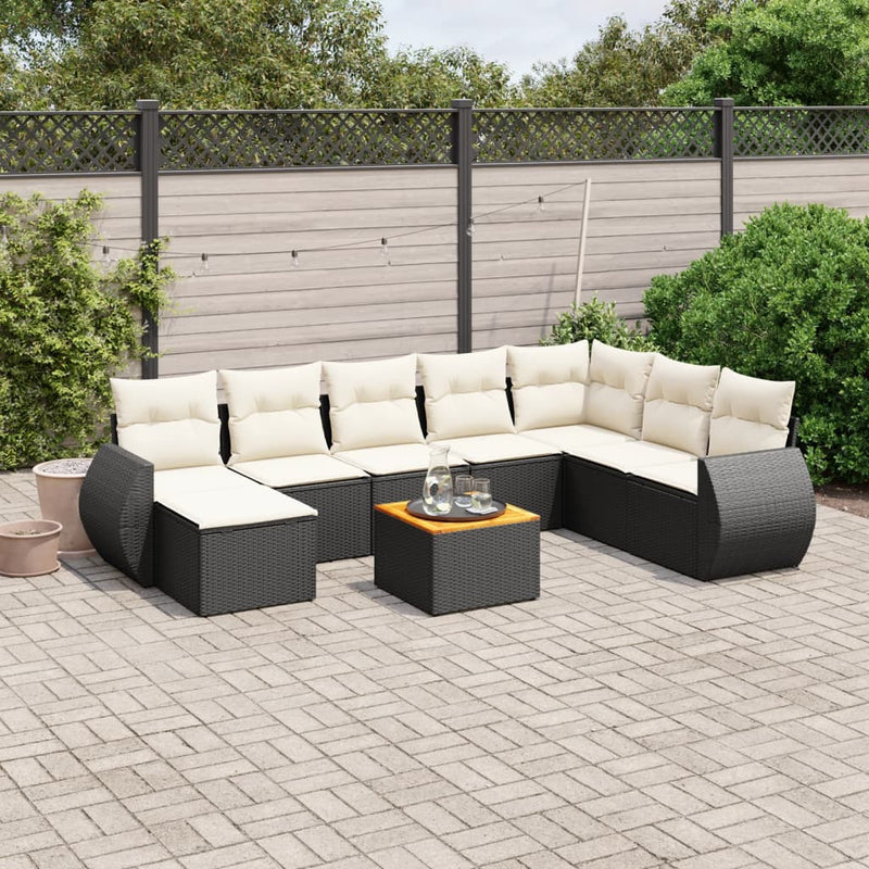 9 Piece Garden Sofa Set with Cushions Black Poly Rattan