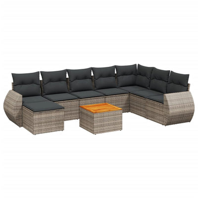 9 Piece Garden Sofa Set with Cushions Grey Poly Rattan