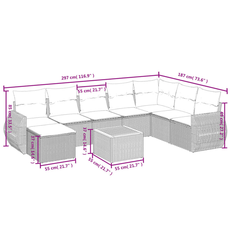 9 Piece Garden Sofa Set with Cushions Grey Poly Rattan