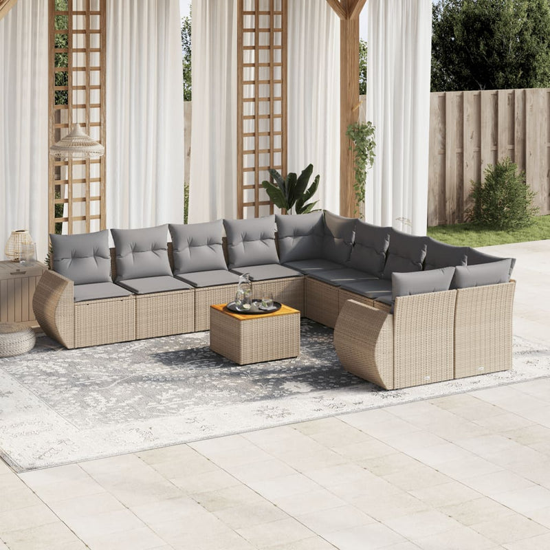 11 Piece Garden Sofa Set with Cushions Beige Poly Rattan