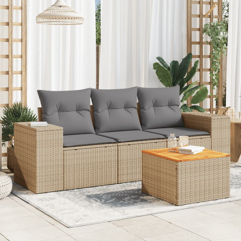 4 Piece Garden Sofa Set with Cushions Beige Poly Rattan