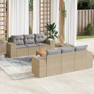 7 Piece Garden Sofa Set with Cushions Beige Poly Rattan