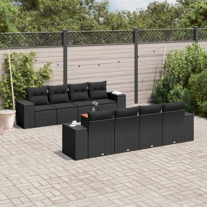 9 Piece Garden Sofa Set with Cushions Black Poly Rattan