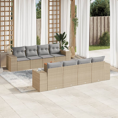 9 Piece Garden Sofa Set with Cushions Beige Poly Rattan