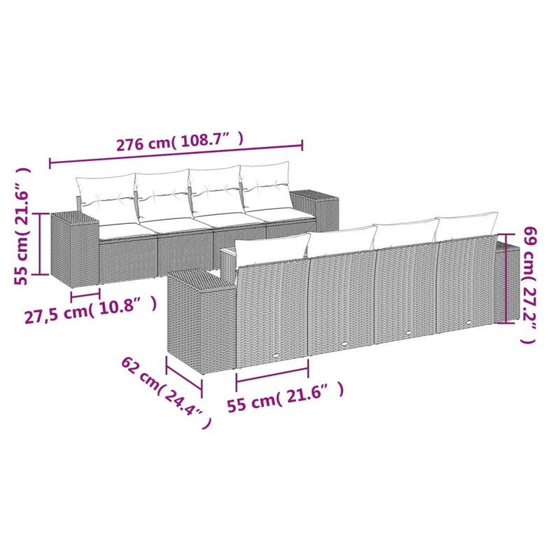 9 Piece Garden Sofa Set with Cushions Grey Poly Rattan