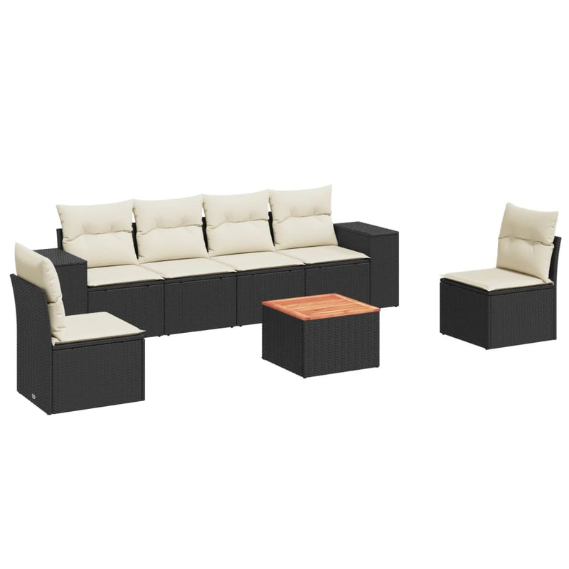 7 Piece Garden Sofa Set with Cushions Black Poly Rattan