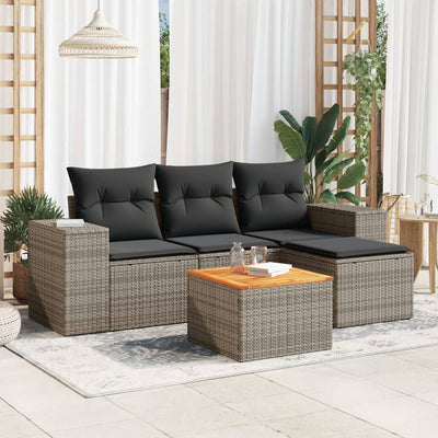 5 Piece Garden Sofa Set with Cushions Grey Poly Rattan