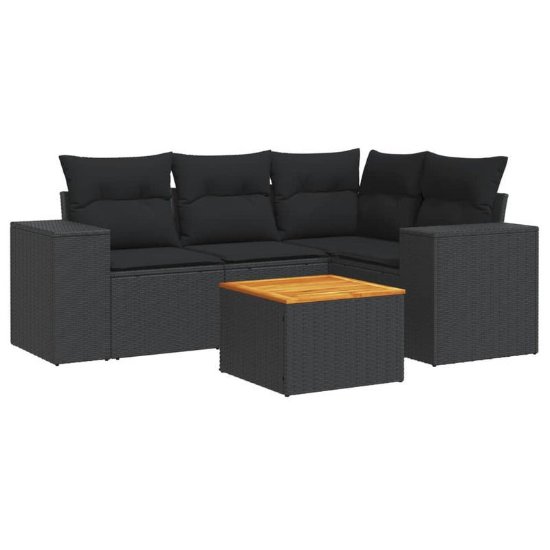 5 Piece Garden Sofa Set with Cushions Black Poly Rattan