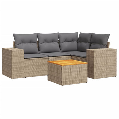 5 Piece Garden Sofa Set with Cushions Beige Poly Rattan