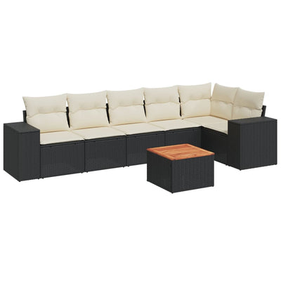 7 Piece Garden Sofa Set with Cushions Black Poly Rattan