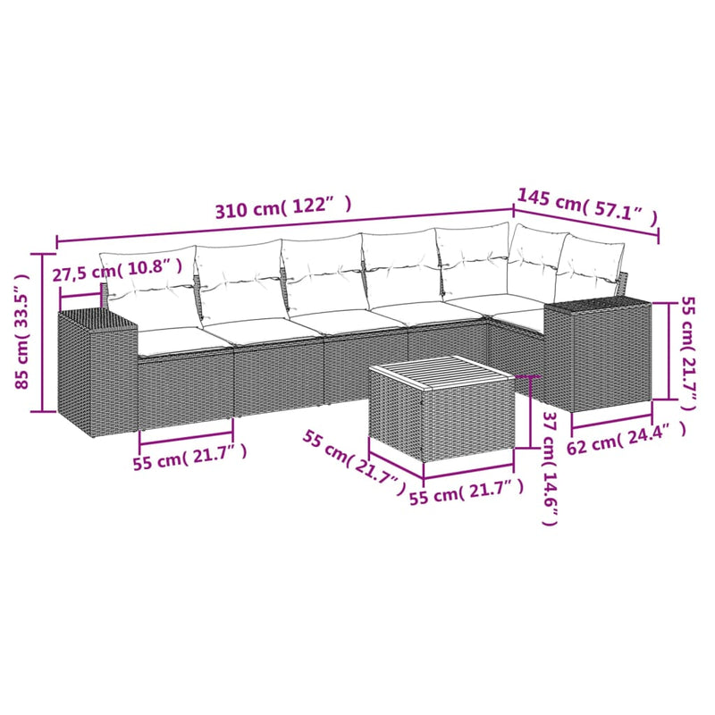 7 Piece Garden Sofa Set with Cushions Grey Poly Rattan