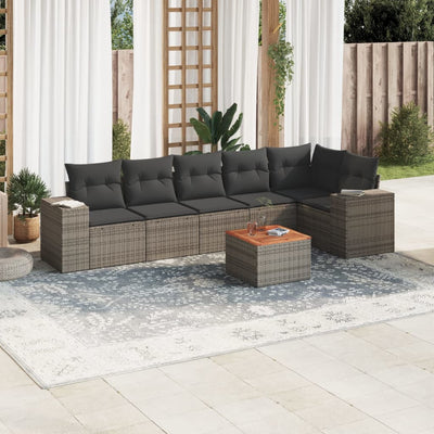 7 Piece Garden Sofa Set with Cushions Grey Poly Rattan