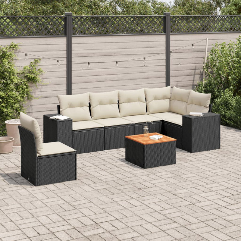 7 Piece Garden Sofa Set with Cushions Black Poly Rattan