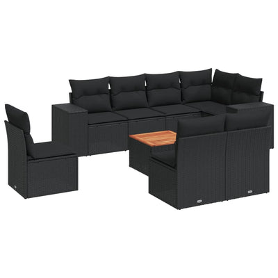 9 Piece Garden Sofa Set with Cushions Black Poly Rattan