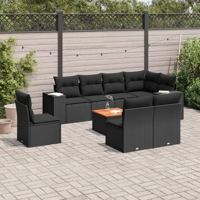 9 Piece Garden Sofa Set with Cushions Black Poly Rattan