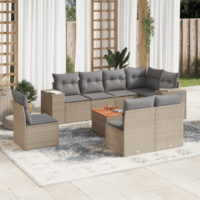 9 Piece Garden Sofa Set with Cushions Beige Poly Rattan