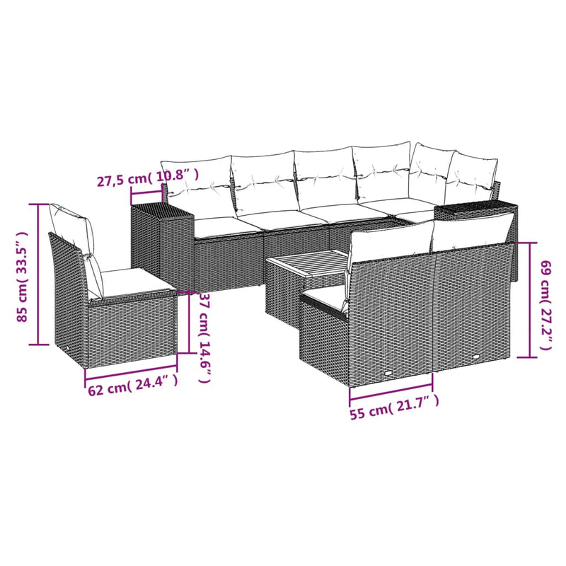 9 Piece Garden Sofa Set with Cushions Grey Poly Rattan