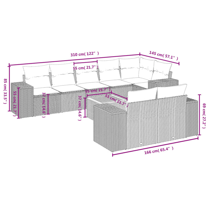 9 Piece Garden Sofa Set with Cushions Grey Poly Rattan